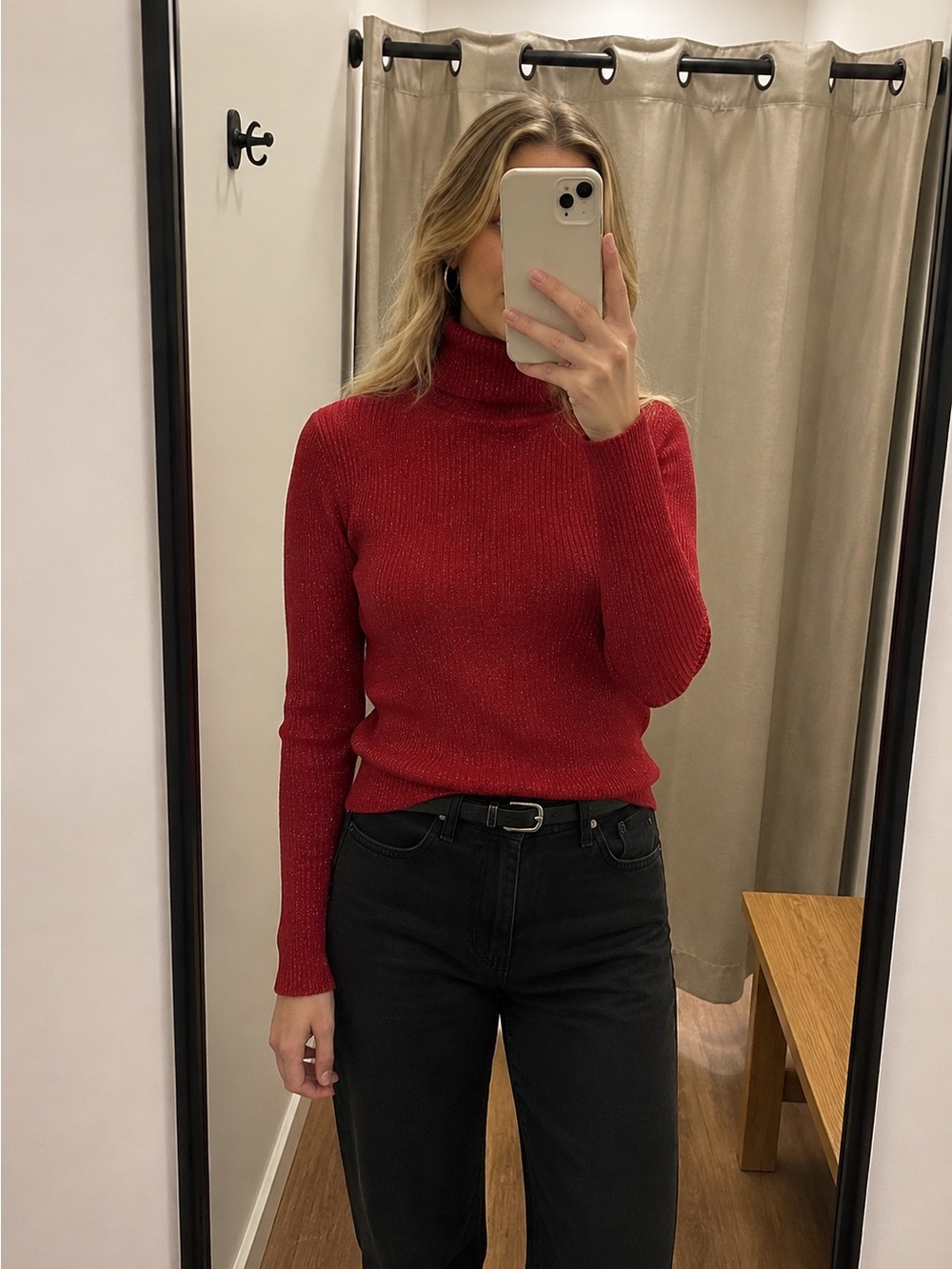 Worthington Red Sparkle Ribbed Turtleneck Sweater
